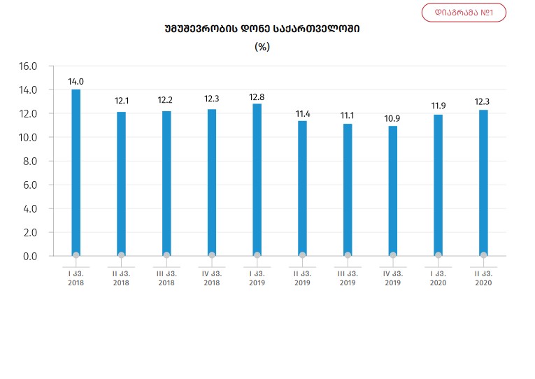 Уровень безработицы в Грузии во втором квартале 2020 года вырос на 0,9 процента по сравнению с аналогичным периодом прошлого года