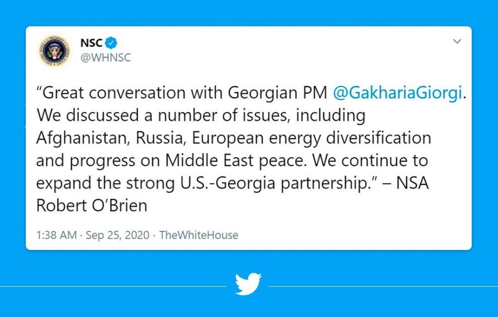 Robert O’Brien echoes telephone conversation with Georgian PM: We continue to expand the strong U.S.- Georgia partnership