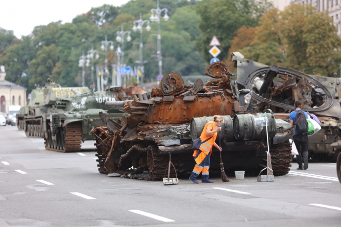 Parade of destroyed Russian military vehicles arranged in Kiev Center