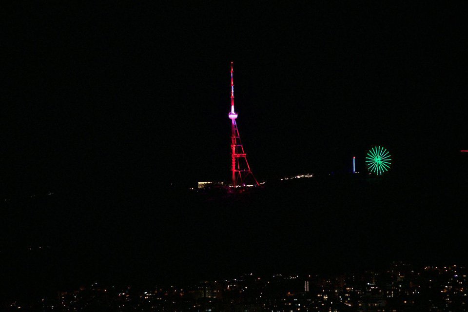 Tbilisi TV tower lit up in Turkish flag colours