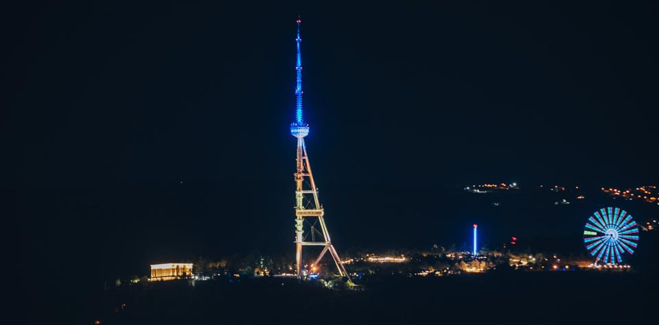 Tbilisi TV Tower lights up in Ukrainian flag colors