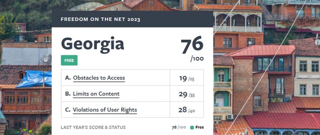 В отчете Freedom House о свободе Интернета Грузия была названа свободной страной и получила оценку 76 баллов из 100