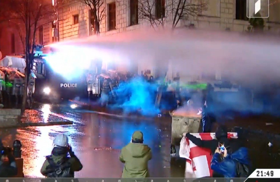 Police use water cannons to disperse protesters on Rustaveli Avenue
