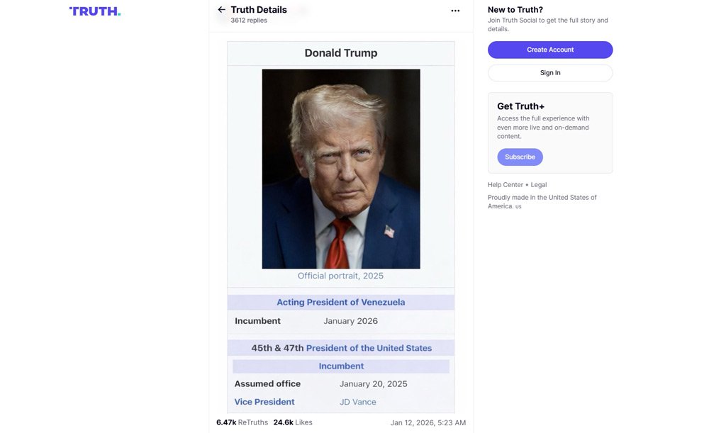 Дональд Трамп опубликовал в соцсети фотографию, где он указан, как и.о президента Венесуэлы