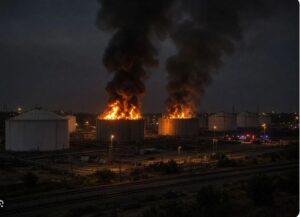 В Краснодарском крае после атаки беспилотника на нефтебазе «Эдельвейс-95» вспыхнул пожар