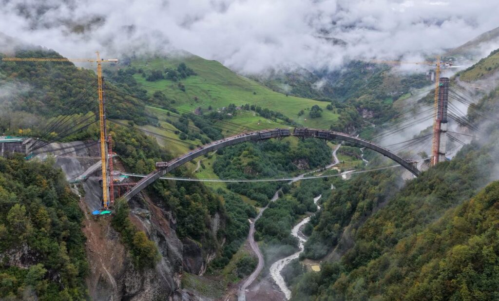 Arch bridge under construction on strategic Kvesheti–Kobi highway